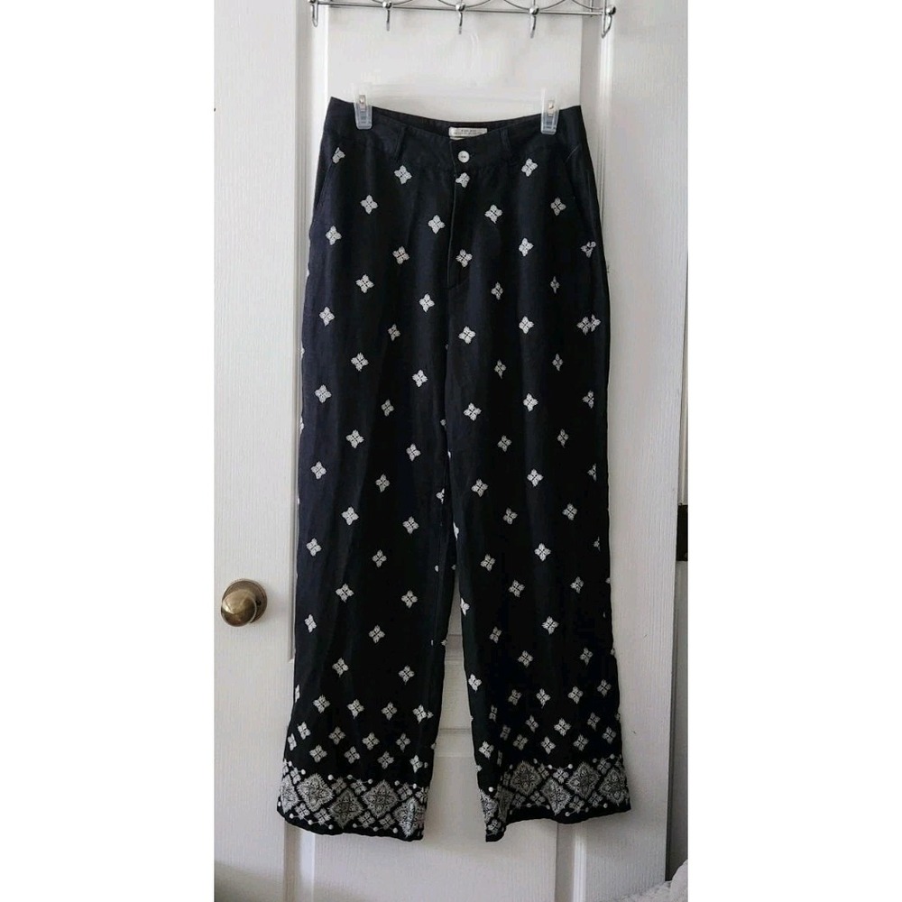 Rachel Zoe 100% Linen European Grown Flax Black Embroidered Wide Leg Pants Sz 8